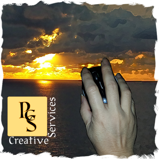 hand with mouse over a sunset photo and a logo for my company